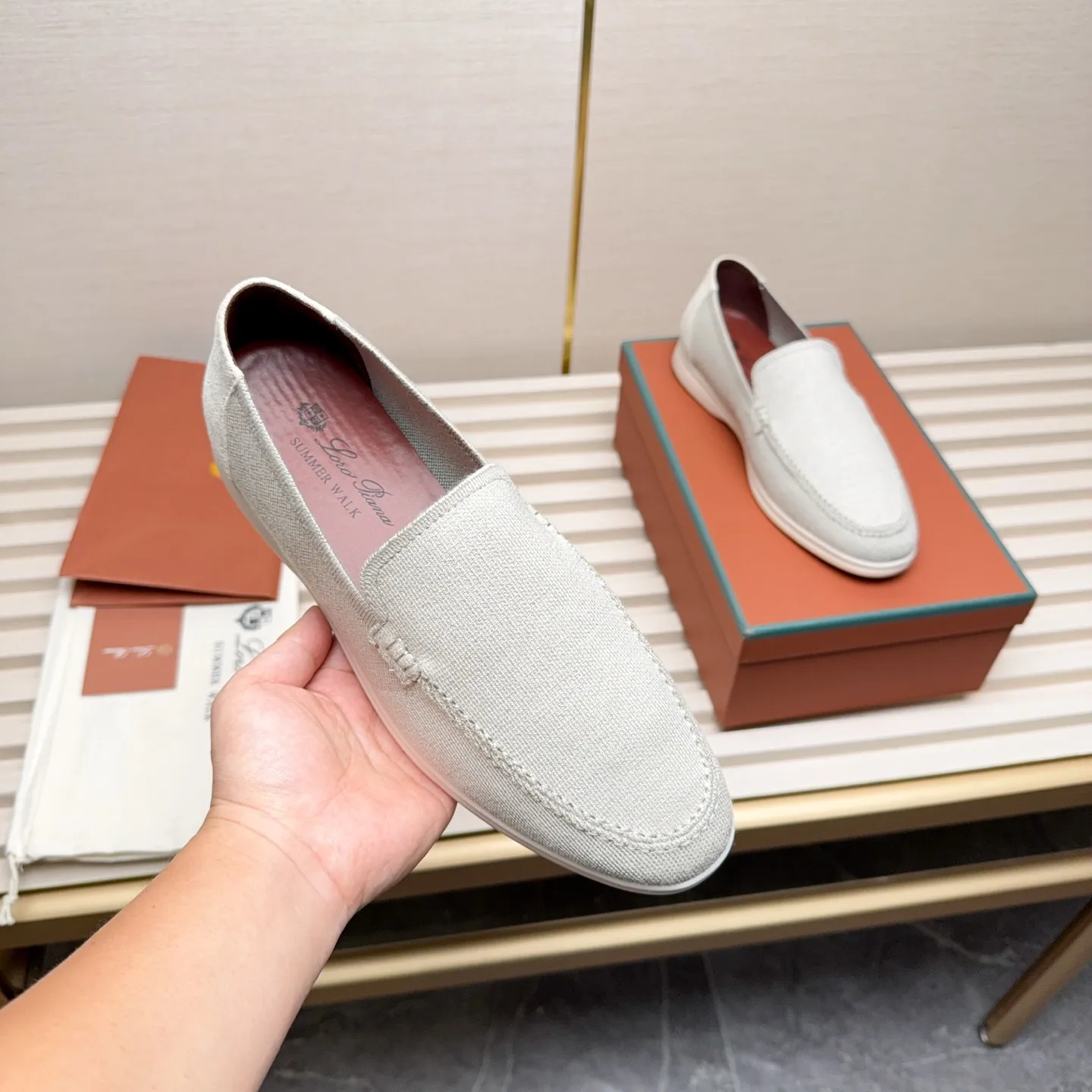 Men's Men's Shoes 💰400 Loro PIana moccasins are made of wish wool fabric. The upper is made of knitted fabric, made on a loom, and then attached to a rubber sole. The Rain System's water-repellent treatment enhances the shoe's functional design, while the suede details give the shoe a sense of elegance and sophistication. Made from Wish, fine wool from Australian and New Zealand Merino sheep